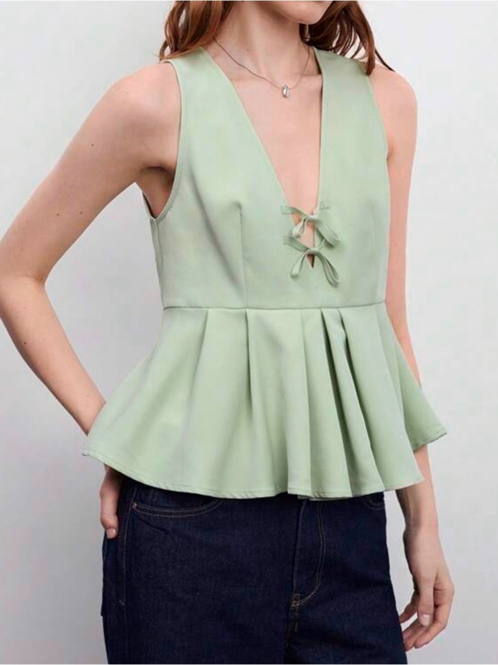 Light Green V-Neck Peplum Bow-Front Sleeveless Top